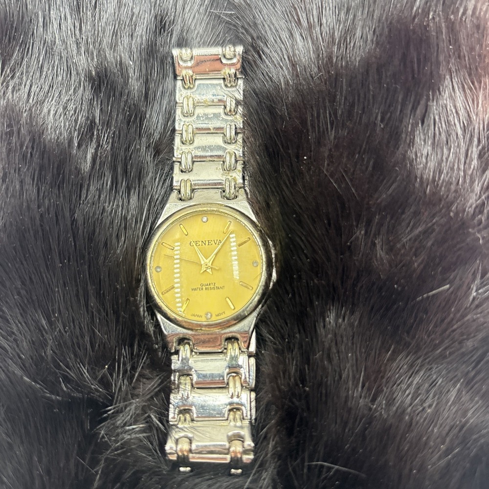 Geneva Water Resistant Stainless Steel Band Gold Face Men's Watch, Needs Battery